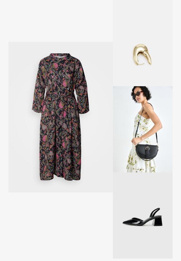 Blomstertrykt kjole i svart, med lange ermer, knappestolpe foran og matchende belte. Stoffet har en glatt tekstur og livlige farger.; Svarte patentlær slingback hæler med spiss tå og geometrisk blokk hæl. Har et stilrent, minimalistisk design og jevn tekstur.; Svart lærveske med en buet form, avtagbar stropp og gullbeslag. Vesken har et klaff med spenne-detall.; Gullfarget metalløredobber med et elegant, buet design. Har en karakteristisk spiss form, polert overflate og hengsel-lukking.