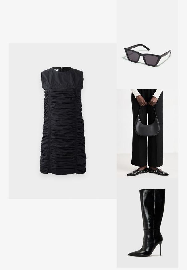 Černé bezramínkové šaty s nabíranou texturou, s vertikálním řasením a vysokým výstřihem. Zapínání na zip na zadní straně. Elegantní, dobře padnoucí silueta.; Černé kožené vysoké boty po kolena s špičatou špičkou a vysokým jehlovým podpatkem. Hladká textura a elegantní design, s minimálními detaily.; Černé, ostré sluneční brýle s šedými skly; vyrobené z plastu, s mohutnými rameny a hladkým povrchem bez viditelného hardwaru.; Černá kožená kabelka přes rameno s kulatým tvarem, lesklým povrchem a stříbrnými kovovými prvky. Osoba v černých širokých kalhotách a s ozdobenými mokasíny.
