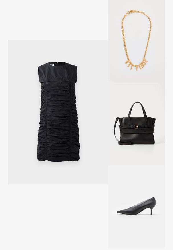 Melna bezpiedurkņu kleita ar savītu tekstūru, vertikālām krokām un augstu apkakli. Aizdare ar rāvējslēdzēju aizmugurē. Eleganta, pielāgota silueta.; Melnas simtgades augstpapēžu kurpes ar smailu purngalu, izgatavotas no gludas ādas. Raksturīga slaida papēža un minimālistisks dizains bez redzamām rotājumiem.; Melna ādas rokassoma ar strukturētu dizainu, divām augšējām rokturiem, noņemamu siksnu un zelta sprādzi, kas akcentē horizontālo joslu.; Zelta ķēdes kaklarota ar piekariņu burtiem, kas veido vārdu "MOSCATO". Gluda virsma ar omālā āķīšu aizdari un dažādu izmēru saitēm.