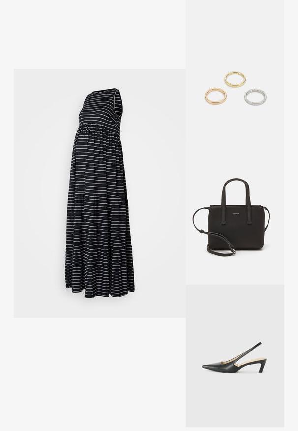 Sukienka ciążowa maxi w kolorze granatowym z białymi poziomymi paskami. Posiada bezrękawowy krój oraz marszczenie w talii, co zapewnia dopasowany wygląd.; Czarny but na obcasie typu slingback z ostro zakończonym noskiem, z niskim obcasem, wykonany z gładkiej skóry, z wycięciem po boku dla lepszej wentylacji.; Czarna torebka z dwoma krótkimi uchwytami i odpinanym paskiem na ramię. Gładki materiał przypominający skórę, z zamkiem błyskawicznym i detalem z logo.; Trzy metalowe pierścienie: jeden w różowym złocie, jeden złoty z teksturowanymi akcentami, oraz jeden srebrny, wszystkie z wygrawerowanym brandingiem na wewnętrznej stronie.