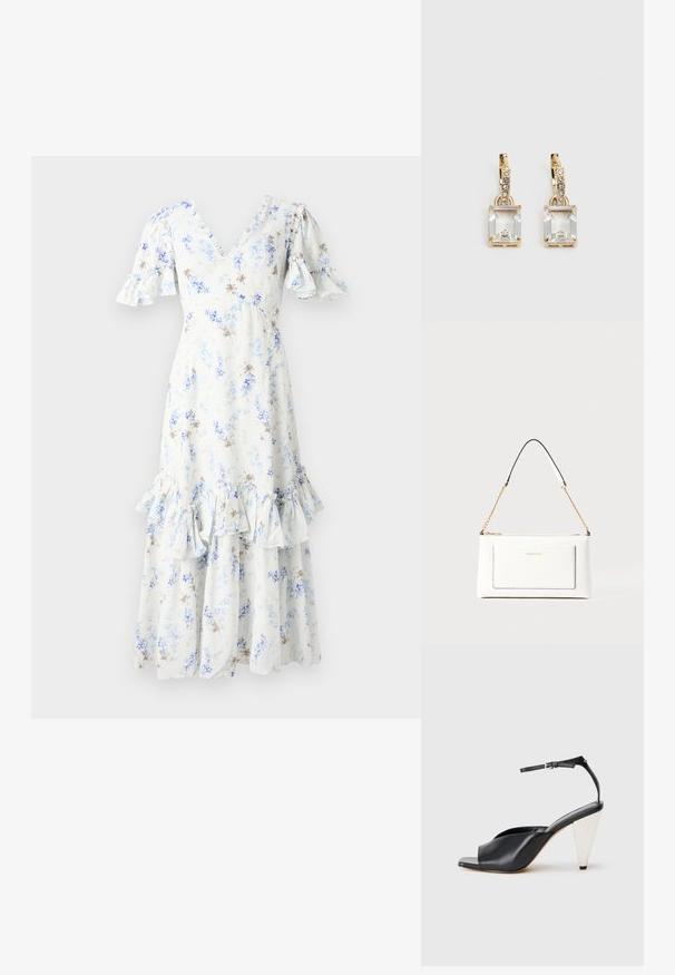 Cvetna midi obleka v svetlo modri in beli barvi s napihnjenimi rokavi, V-izrezom in nabranim robom, ki ima razpršene temno rjave poudarke in vzorce.; Črne usnjene sandale s peto, odprto toe, asimetričnim dizajnom, zaponko okoli gležnja in kovinsko stožčasto peto. Gladka tekstura po celotni površini.; Bela usnjena torbica z teksturirano površino, ki vključuje zlat pas in črne detajle. Ima sprednji žep in zadrgo.; Zlato obarvani uhani, ki vsebujejo pravokoten, prozoren kristal, obešen pod vrsto majhnih, okroglih prozornih dodatkov. Elegantna, moderna zasnova.