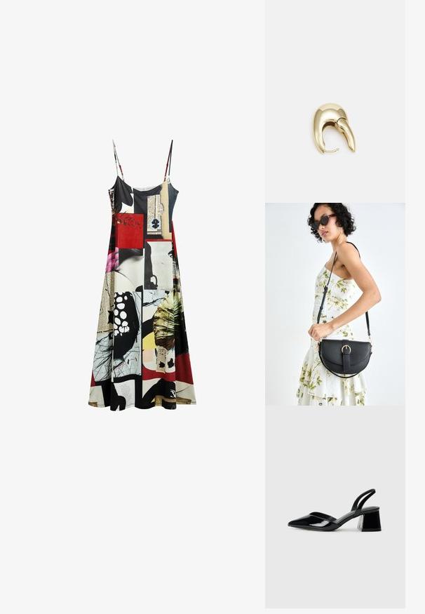 Vestido con tirantes finos, diseño de patchwork multicolor que presenta patrones abstractos, incluyendo rojos, negros y blancos. Textura de tela suave.; Zapatos de tacón slingback de charol negro con punta afilada y tacón geométrico en bloque. Presentan un diseño elegante y minimalista, así como una textura suave.; Bolso de piel negra con forma curva, correa desmontable y herrajes dorados. El bolso cuenta con una solapa con un detalle de hebilla.; Pendiente de metal en tono dorado con un diseño elegante y curvado. Presenta una forma puntiaguda distintiva, superficie pulida y cierre de bisagra.
