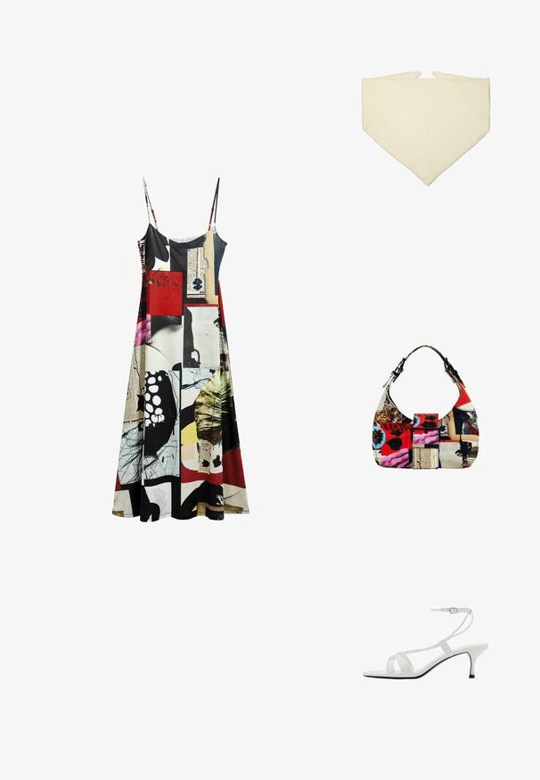 Kleid mit dünnen Trägern, mehrfarbiges Patchwork-Design mit abstrakten Mustern, einschließlich Rot-, Schwarz- und Weißtönen. Weicher Stoff.; Weiße High-Heels-Sandalen mit dünnem Knöchelriemen, offener Zehenpartie und mehreren überkreuzten Riemen. Glänzende Oberfläche und schlanker schwarzer Absatz.; Cremfarbener dreieckiger Bandana aus weichem Stoff, mit glatter Textur und zwei spitzen Enden.; Hobo-Tasche aus gemustertem Stoff in Rot, Schwarz und Weiß. Sie weist eine geschwungene Form, einen breiten Riemen und ein zentrales Schnallendetail auf.