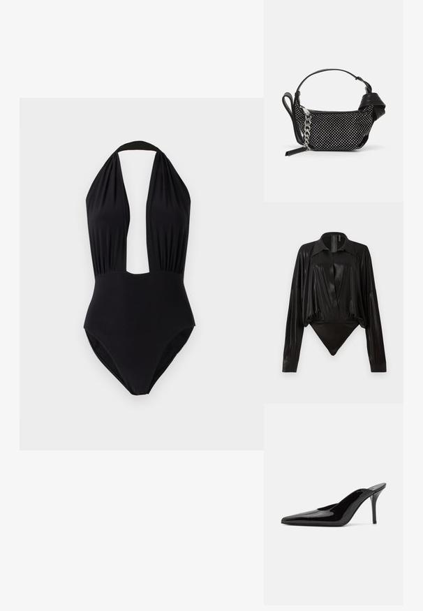 Zwarte monokini met een halternekontwerp, diepe uitsnijding aan de voorkant, gathered stof bij de buste en een gladde textuur.; Zwarte body met lange mouwen, V-hals en een aansluitende silhouet. Gemaakt van glanzende, gladde stof met een gestructureerde kraag en manchetten.; Zwarte gepatineerde leren hoge hak muiltjes met een spitse neus en een slanke silhouet, met een open achterkant en een slanke stilettohak.; Zwarte handtas met studded embellishments, een kettingriem en een soepel leren handvat, met een afgeronde vorm en een ritscompartiment.