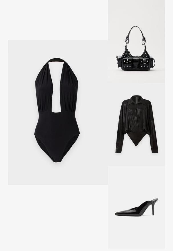 Black one-piece swimsuit with a halter neck design, deep plunge front, gathered fabric at the bust, and a smooth texture.; Black bodysuit with long sleeves, V-neck, and a fitted silhouette. Made of shiny, smooth fabric with a structured collar and cuffs.; Black patent leather high-heeled mule with a pointed toe and a sleek silhouette, featuring an open back and a slender stiletto heel.; Black leather handbag with a curved design, featuring silver studs, a buckle, and two side pockets. Adjustable strap for carrying options.