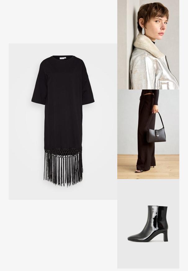 Crna haljina od mekog materijala, s okruglim izrezom, kratkim rukavima i resastim rubom s tkanim detaljima na dnu.; Crne lakirane kožne gležnjače s šiljastim prstom i srednje visokom blok petom. Glatka tekstura i minimalistički dizajn.; Crna torba s oblikom koji sadrži strukturu, glađu teksturu i metalnu kopču. Uparena s širokim crnim hlačama i sandalama na otvorenom s drvenog poda.; Srebrna metalik kožna jakna s ovčjim krznom, koja ima zatvaranje na patentni zatvarač i teksturiranu površinu. Velike naušnice u obliku suze s prozirnim draguljima.
