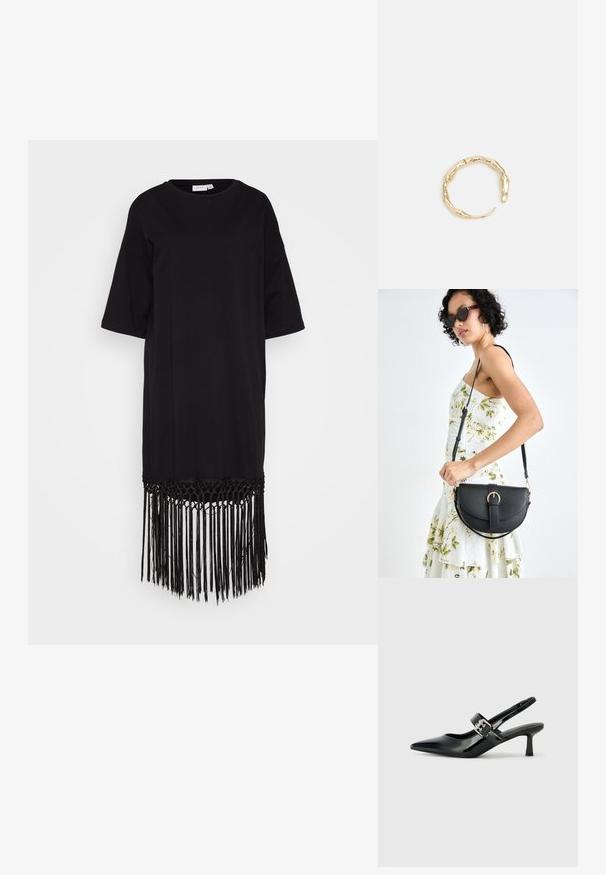 Juoda suknelė, pagaminta iš minkštos medžiagos, su apvaliu iškirpimu, trumpomis rankovėmis ir kutiniais kraštais su pynimu apačioje.; Juodai lakuoti slingback aukštakulniai su smailiu kojų pirštu ir mažais blokiniais kulniukais, su sidabro sagtimi ant dirželio.; Juodas odinis krepšys su išlenkta forma, nuimamu dirželiu ir auksiniais detalėmis. Krepšys turi kilpą su sagtimi.; Auksinės spalvos žiedas, turintis organišką, sukimosi dizainą su lygiu paviršiumi ir siaurėjančiais galais, sukuriantis modernią skulptūrinę išvaizdą.