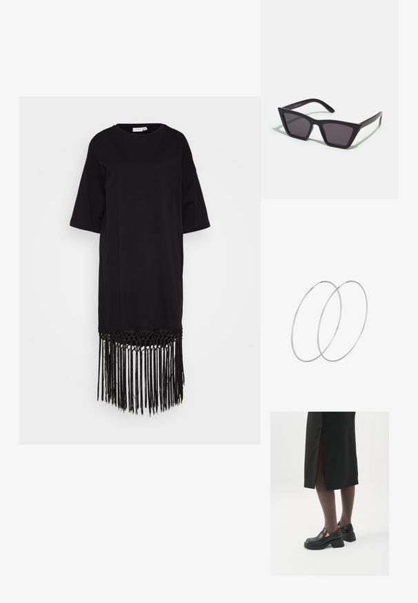 Musta mekko pehmeästä kankaasta, jossa on pyöreä kaula-aukko, lyhyet hihat ja nyörityksellä varustettu helma, jossa on kudontatietoja alhaalla.; Mustat nahkakengät pyöreällä kärjellä, paksulla lohkopohjalla ja joustavilla sivuakkesseilla, yhdistettynä tummiin sukkahousuihin ja mustaan hameeseen, jossa on halkio.; Mustat, kulmikkaat aurinkolasit harmailla linsseillä; valmistettu muovista, paksuilla varsilla, joissa on sileä pinta ja ilman näkyvää metalliosaa.; Hopehope hopeilla, joissa on minimalistinen muotoilu. Pyöreä muoto, sileä pinta ja ohut profiili. Kevyet ja kiillotetut.