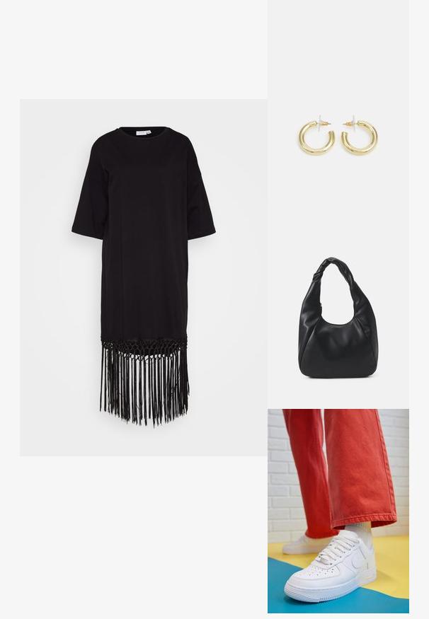 Fekete ruha puha anyagból, kerek nyakkal, rövid ujjakkal és szőtt részletekkel ellátott rojtos aljjal.; Fehér bőr edzőcipő perforált orral, texturált talppal és fehér fűzővel, széles vörös nadrággal párosítva, kék és sárga háttérrel.; Fekete hobo táska sima bőrszerű anyagból, csavarodott füllel, puha, lekerekített formával és felső cipzárral záródik.; Arany fülbevalók sima, fényes felülettel. Kör alakú dizájn, amely kis kapoccsal és átlátszó tartozékkal rendelkezik a biztonságos viselés érdekében.