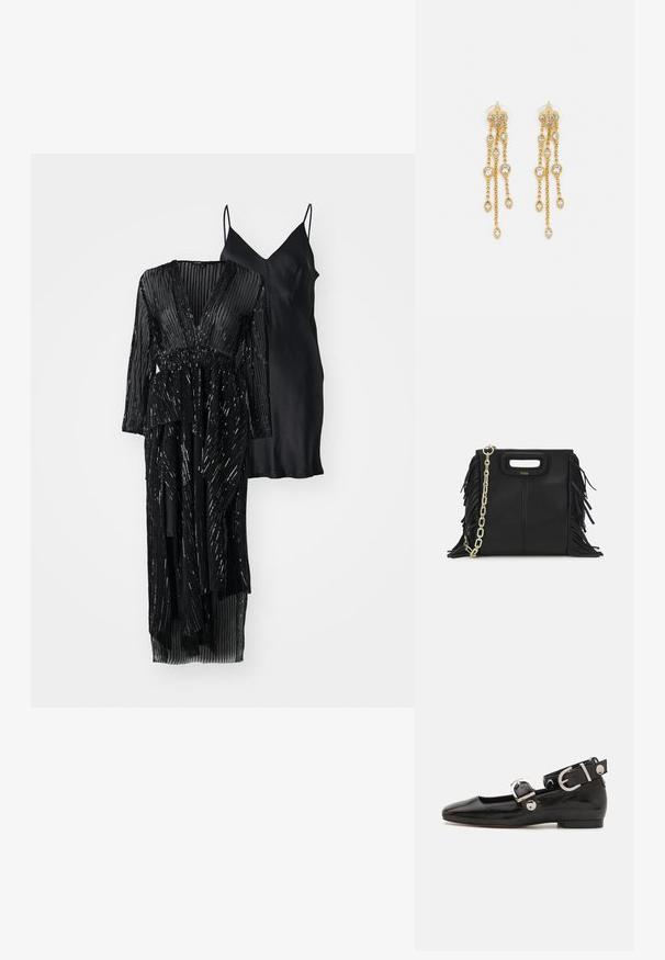 Melna kleita, kas ietver sequīnu rotājumiem dekorētu garu ārējo slāni ar dziļu V veida kakla izgriezumu un melnu satīna iekštelpu kleitu ar smalkām siksnām.; Melnas laika patenta ādas dzīvokļu kurpes ar kvadrātu purngalu, potītes siksna ar sudraba furnitūru un platu zoli. Gluda tekstūra ar minimālu dizainu.; Melna ādas rokassoma ar frizūras detaļām, zelta ķēdes plecu siksnu un izgrieztu rokturi. Ir logotipa novietojums priekšpusē.; Zelta tonī auskari ar vairākiem kaskādes ķēdēm, kas rotāti ar caurspīdīgiem ovāliem rhinestone akcentiem un dekoratīvām pīrsingiem.