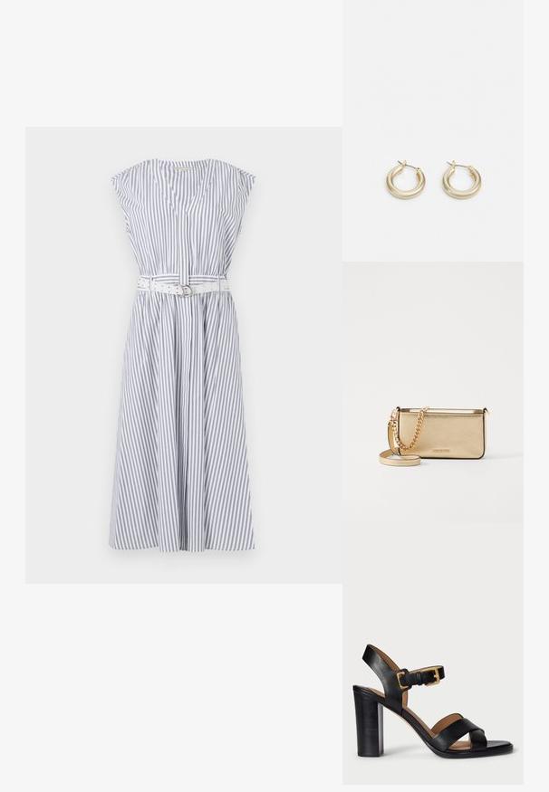 Svītrainā bezpiedurkņu kleita gaismai zila un baltā krāsā, ar V veida kakla izgriezumu, cieši pieguļošu jostasvietu ar baltu jostu un izplestu svārku.; Melnas ādas papēžu sandales ar pārklājošu siksnu dizainu un sprādzi. Iezīmējas ar masīvu papēdi un gludu tekstūru.; Metālisks zelta ādas klipsis ar teksturētu apdari, ar zelta ķēdes siksniņu un noņemamu pleca siksniņu. Zīmola logo iepresēts.; Lauren Ralph Lauren BASIC SMALL HOOP - Auskari - gold-coloured