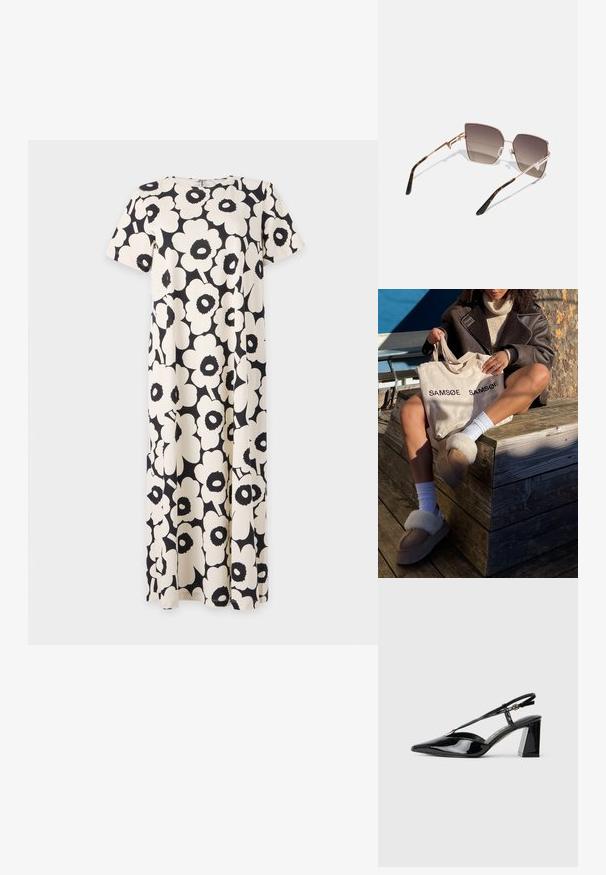 Marimekko PISTEINEN mleczny; Czarne lakierowane szpilki z odkrytymi piętami, z ostrym noskiem, regulowanym paskiem i masywnym prostokątnym obcasem.; Okulary przeciwsłoneczne z różowo-złotą metalową oprawą, kątowe soczewki w odcieniach od ciemnego do jasnobrązowego oraz wzór w panterkę na zausznikach.; Beżowa torba tote z napisem "SAMSOE" powtórzonym dwukrotnie, brązowe klapki z białym futerkiem, białe skarpetki oraz brązowy płaszcz z owczej wełny na drewnianej powierzchni.