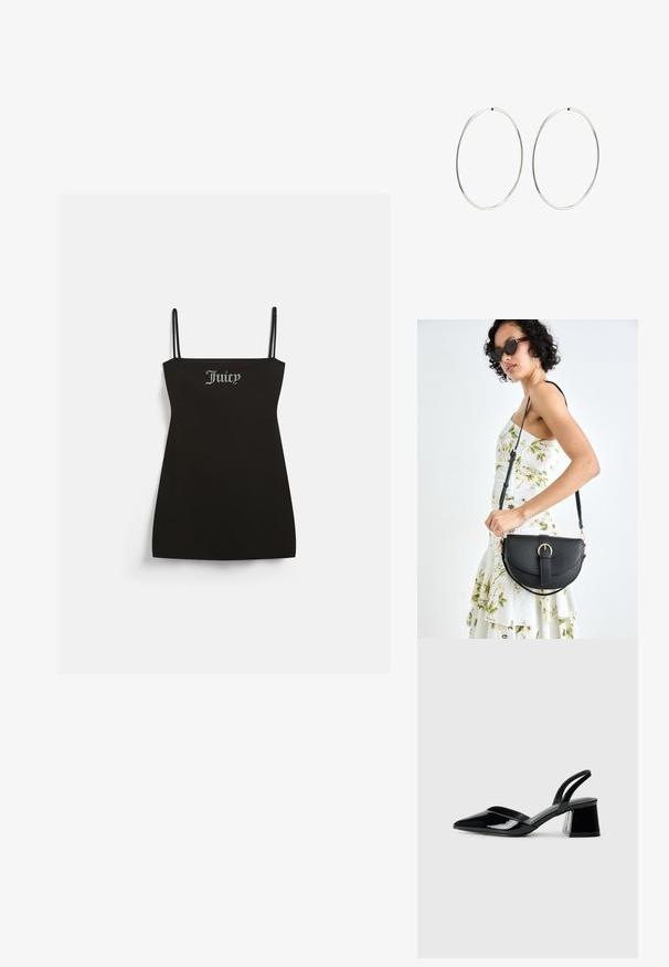 Juodą be rankovių suknelę su plonais petnešomis, pagamintą iš minkštos medžiagos. Priekyje yra sidabro spalvos blizgučių "Juicy" logotipas.; Juodos lakuotos odinės šlepetės su smailiu pirštu ir geometriniu bloko kulnu. Turi elegantišką, minimalistinį dizainą ir lygų paviršių.; Juodas odinis krepšys su išlenkta forma, nuimamu dirželiu ir auksiniais detalėmis. Krepšys turi kilpą su sagtimi.; Sidabriniai auskarai-žiedai su lygiu, apvaliu dizainu ir blizgiu paviršiumi. Jie yra ploni ir lengvi, turintys paprastą užsegimą.