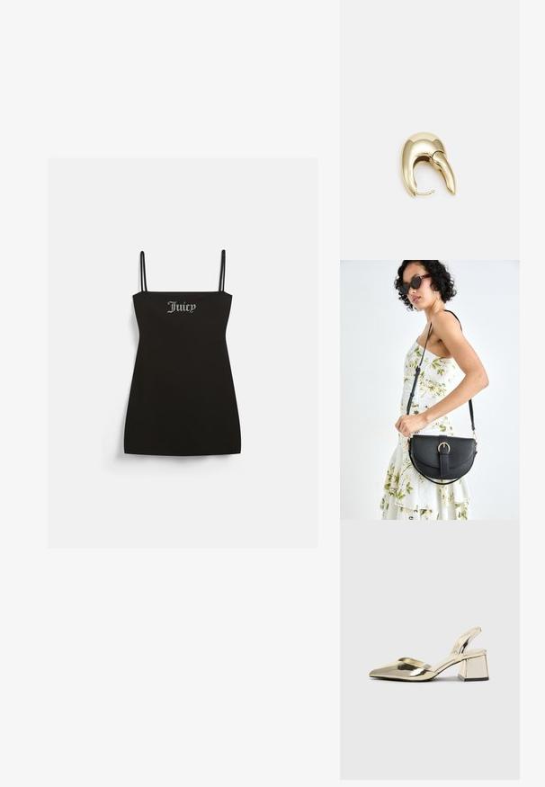 Černé šaty bez rukávů s tenkými ramínky, vyrobené z jemné látky. Na přední straně je stříbrné kamínkové logo "Juicy".; Kovové zlaté pantofle na podpatku s špičatou špičkou a masivním podpatkem. Hladký povrch, minimalisticý design a úzký pásek.; Černá kožená kabelka s křivkovým tvarem, odnímatelným popruhem a zlatými detaily. Kabelka má klopu s přezkou.; Náušnice ve zlatém tónu z kovu s elegantním zakřiveným designem. Vyznačují se jedinečným špičatým tvarem, lesklým povrchem a závěsem na kloub.