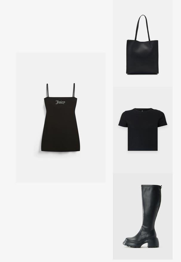 Vestido preto sem mangas com alças finas, feito de tecido suave. Apresenta um logo em strass prateado "Juicy" na frente.; T-shirt preto de manga curta feito de algodão suave. Apresenta um decote redondo e um design ajustado. Textura suave sem padrões ou detalhes.; Bota preta de couro alta com sola de plataforma robusta e salto bloco, apresentando puxador e padrão texturizado na sola.; Bolsa tote preta em couro com textura lisa, forma retangular e duas alças longas. Sem hardware ou enfeites visíveis.