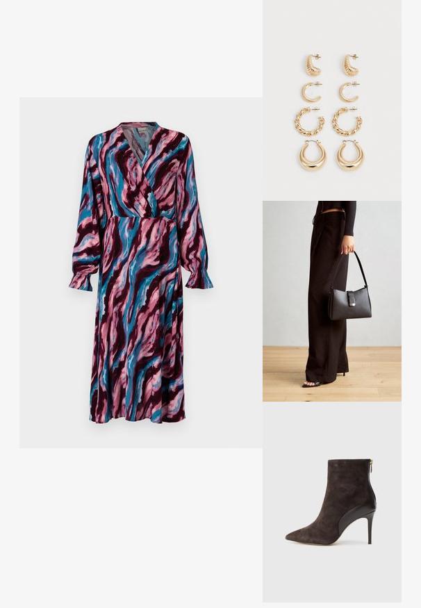 Pitkä, kietaisumallinen mekko, jossa on pyörteinen kuvio tummasta viinipunaisesta, vaaleanpunaisesta ja sinisestä. Valmistettu kevyestä kankaasta, jossa on hulmuavat hihat.; Ruskot ugnjavan zbatchan u otklonu u zavidnosti s tim platuma.; Musta käsilaukku, jossa on rakenteellinen muoto, sileä pinta ja metallinen solki. Yhdistetty leveisiin mustiin housuihin ja avonaiheisiin sandaaleihin puulattialla.; Sarja viisi kultaketjua, joissa on erilaisia muotoiluja: kierrettyjä, uritettuja ja tasaisia pintoja hoop- ja puolikuun muodoissa.