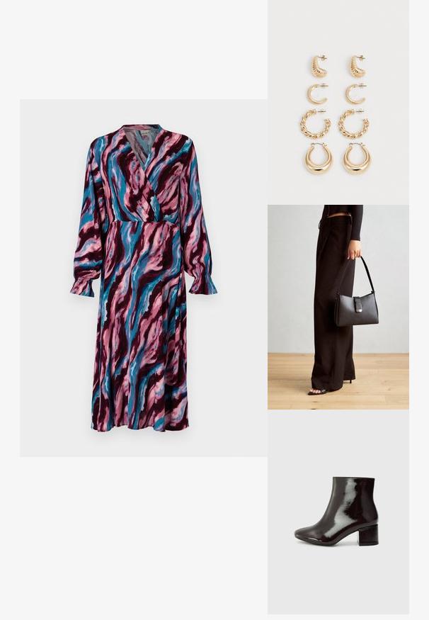 Pikk, ümmarguse lõikega kleit, millel on keerlev muster tumepunase, roosa ja sinise värviga. Valmistatud kergest kangast, millel on volangkäised.; Mustad nahast pahkluu saapad terava ninaga ja jämeda kontsaga. Sile tekstuur koos peene läike ja puhaste joontega, minimalistlik disain.; Must musta kott, millel on struktureeritud kuju, sile tekstuur ja metallist klamber. Kombineeritud laiate mustade pükstega ja avatud varvaste sandaalidega puidust põrandal.; Viie kullast kõrvaehe komplekt, mis sisaldab erinevaid disaine: keeratud, nüri, ja siledad pinnad rõngas- ja poolkuu kujudes.