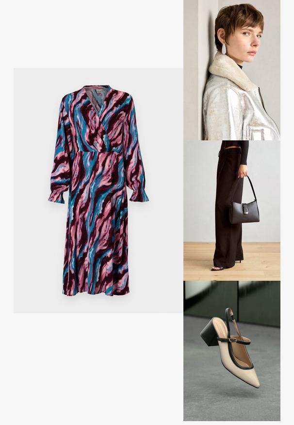 Dolga, oblečena obleka v stilu ovijanja z vrtinčastim vzorcem temno maroon, roza in modre barve. Narejena iz lahkotnega materiala z nabranimi rokavi.; Bežna slingback čevlja z uskim sprednjim delom, črnimi detajli, zlatim zaponko in debelim blokovskim peto na sivi tleh s temno zeleno ozadje.; Črna torbica z strukturirano obliko, gladko teksturo in kovinskim zaponko. Ujemajo se z širokimi črnimi hlačami in odprtimi sandali na lesenem tleh.; Srebrna metalik usnjena jakna s ovratnikom iz jagnječje kože, z zadrgo in strukturirano površino. Velike kapljaste uhane s prozornimi dragimi kamni.