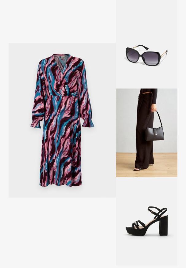 Dlhé šaty v zavinovacom štýle s vírivým vzorom tmavej marhuľovej, ružovej a modrej farby. Vyrobené z ľahkej látky s volánovými rukávmi.; Čierne zamatové platformové sandále s blokovým podpätkom, s krížovými pásikmi a prackovou členkovou páskou pre pevné upevnenie.; Čierne oversized slnečné okuliare s gradientovými sklíčkami, hrubými rámami a zlatým retiazkovým detailom na stranách.; Čierna kabelka so štruktúrovaným tvarom, hladkou textúrou a kovovou sponou. V kombinácii so širokými čiernymi nohavicami a sandálmi s otvorenou špičkou na drevenej podlahe.