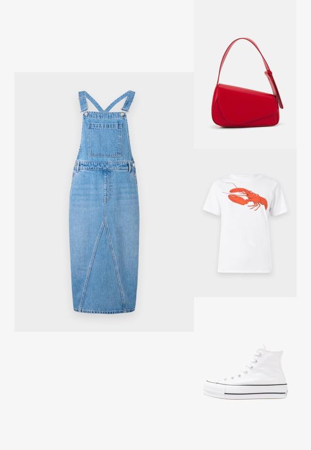 Lys blå denim sommerkjole med justerbare stropper, en frontlomme, en rett skjørt med en subtil splitt og en glatt tekstur.; Hvit bomull t-skjorte med et stort, lyst rødt hummermotiv på fronten. Korte ermer og standard rund hals-design.; Hvit høy-skinn kanvas sneakers med svart gummisåle, gummitåhette foran og seks hull for snorer, med et rent, minimalistisk design.; Rød lærveske med en vinklet, geometrisk design. Har en enkelt justerbar stropp og en klaffelukking med sydd detaljer.