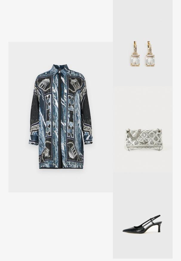 Pikkade varrukatega särk sinises ja mustas, millel on marmorist muster ja arhitektuursed detailid, valmistatud siledast kangast koos terava kraega.; Mustmust paelad, millel on terav varvas, tekstuuriga maduprindiga, reguleeritav rihm ja lühike tekstuuriga plokknina.; Hõbedane metallist käekott ahelakäepidemega, koos tepitud tekstuuri, dekoratiivse õmbluse ja lukuga. Esiküljel on embosseeritud aktsendid.; Kuldtooni kõrvarõngad, millel on ristkülikukujuline, selge kristall, mis ripub allapoole väikeste ümmarguste selgete aktsentide rida. Viimistletud, kaasaegne disain.