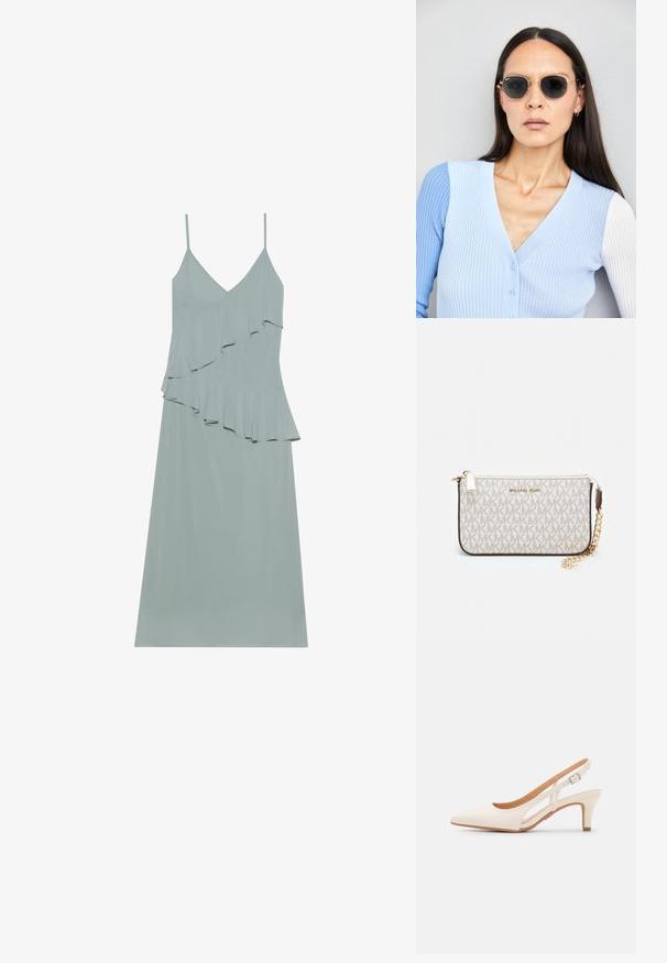 Vaaleansinisessä hihattomassa mekossa on kerroksellinen röyhelödesign, suora helma ja ohuet olkaimet, ja se on valmistettu sileästä, kevyestä kankaasta.; Valkoinen slingback-korkokenkä, jossa on terävä kärki, sileä päällismateriaali, matala lohkokorko ja sivuaukko-design säädettävällä soljella.; Pyöreät aurinkolasit, joissa on tummat linssit ja kultaiset kehykset. Mallilla on päällään vaaleansininen, ribatusta materiaalista valmistettu neuletakki, jossa on napit ja kontrastiväriset valkoiset hihat.; Michael Kors kääröbeige pinnoitettua kangasta, jossa on toistuva MK-logo -kuvio, kultaiset yksityiskohdat ja irrotettava ketjuhihna.
