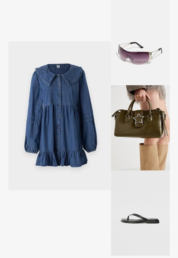 Vestido de denim azul com grande gola, fecho frontal por botões, mangas longas, cintura franzida e barra com volantes. Textura suave e costura detalhada.; Chinelo preto feito de couro liso, com um design de tira fina e sola baixa com um perfil minimalista. Sem padrões ou acentos notáveis.; Óculos de sol com uma lente grande e curva roxa, detalhes em metal prateado, e hastes pretas com um logo. Detalhes texturizados na armação são visíveis.; Bolsa de mão em pele sintética verde oliva com detalhe de estrela prateada, alças duplas e fecho com zip. Superfície texturizada e forma estruturada.