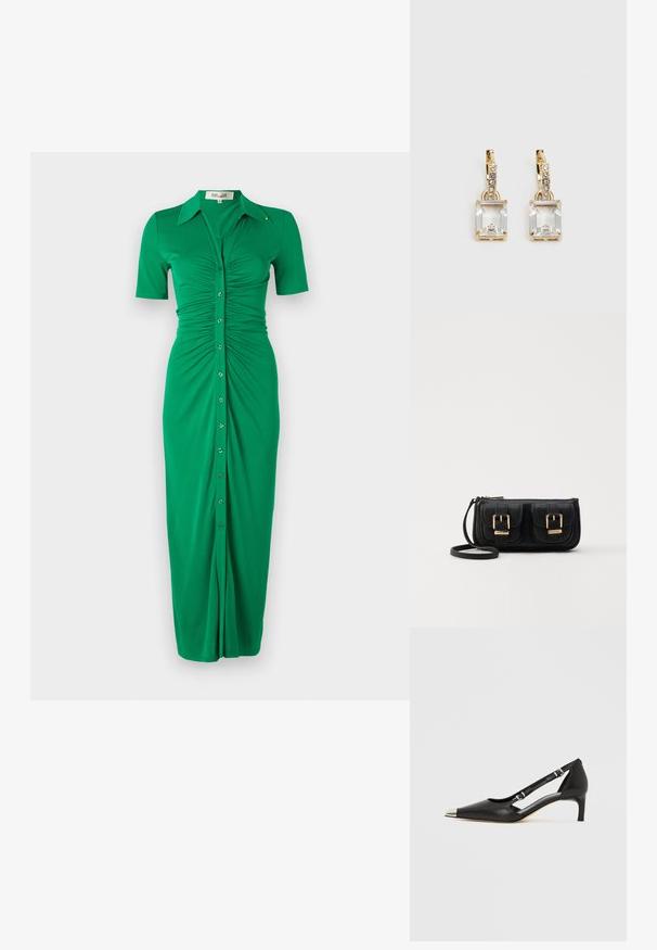Green button-up dress with short sleeves, featuring gathered sides, a collar, and a straight cut. Made of soft, stretchy fabric.; Black leather kitten heel with pointed silver toe cap and dual buckle straps on a white background.; Black leather crossbody bag with two front pockets, gold buckles, zipper closure, and a slim strap. Textured surface and compact rectangular shape.; Gold-tone earrings featuring a rectangular, clear crystal dangling below a row of small, round clear accents. Sleek, modern design.