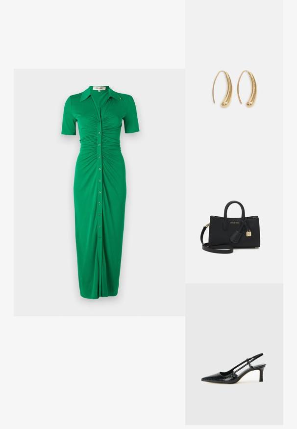 Zaļš uz pogām aiztaisāms kleitas modelis ar īsām piedurknēm, kurai ir savilktas malas, apkakle un taisna piegriezuma forma. Izgatavota no mīkstas, elastīgas auduma.; Melna patent āda ar slīdošo papēdi un smailo purngalu, ar teksturētu čūsku drukājumu, regulējamu siksniņu un īsu teksturētu blokpapēdi.; Melna ādas rokassoma ar strukturētu dizainu, augšējiem rokturiem un noņemamu plecu siksnu. Iezīmēta ar zelta aparatūru un zīmola piekariņu.; Zelta toņu metāla gredzena auskari ar izliektu, pagarinātu formu. Ar gludu, spīdīgu virsma un noapaļotu galu papildu detaļām.