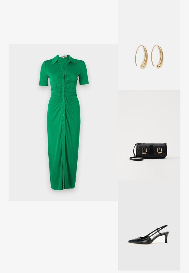 Zöld gombos ruha rövid ujjakkal, redőzött oldalakkal, gallérral és egyenes szabással. Puha, rugalmas anyagból készült.; Fekete lakk slingback sarok, hegyes orral, texturált kígyómintával, állítható pánttal és rövid, texturált tömbsarkal.; Fekete bőr keresztbody táska két elülső zsebbel, arany csattokkal, cipzáras záródással és vékony pánttal. Textúrált felület és kompakt téglalap alak.; Aranyszínű fémből készült karika fülbevalók ívelt, hosszúkás formával. Simaságával és fényes felületével, valamint lekerekített végével további részletekkel bővül.