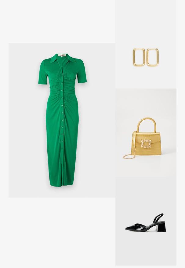 Grünes Kurzarm-Kleid mit Knopfverschluss, das geraffte Seiten, einen Kragen und einen geraden Schnitt aufweist. Hergestellt aus weichem, dehnbarem Stoff.; Schwarze Lackleder-Slingback-High Heels mit spitzem Schuh und einem geometrischen Blockabsatz. Verfügt über ein schlankes, minimalistisches Design und eine glatte Textur.; Gelbe Kunstleder-Handtasche im Krokodil-Look mit strukturiertem Design, Obergriff, abnehmbarem Kettenriemen und dekorativer Kristallverzierung am Verschluss.; Ohrringe aus goldenem Metall in Form von quadratischen Kreisen mit abgerundeten Kanten und polierter Oberfläche, die das Licht mit ihrem glänzenden Finish reflektieren.