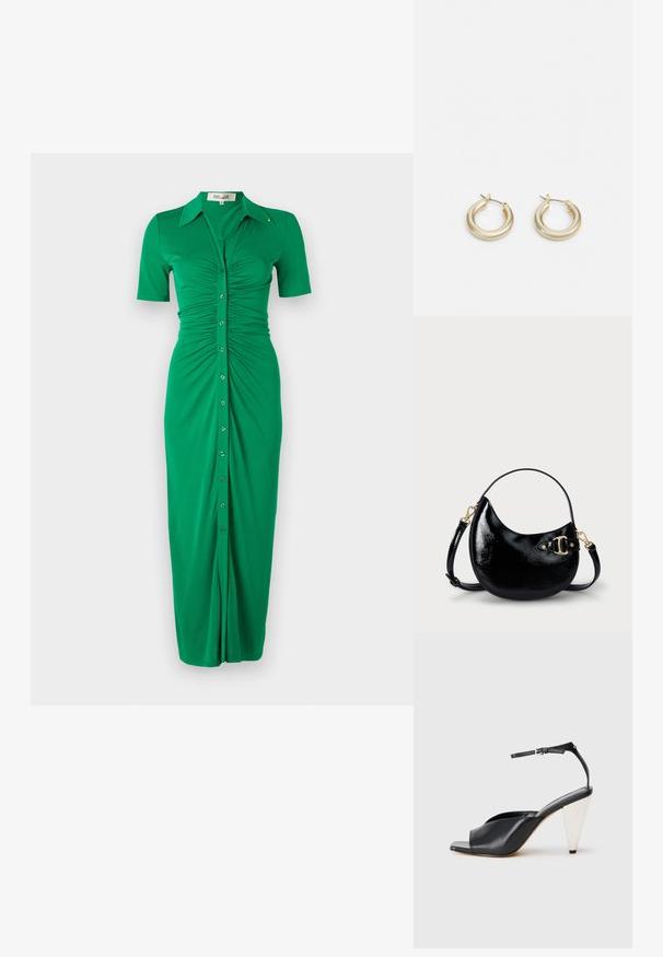 Groene button-up jurk met korte mouwen, voorzien van gathered zijkanten, een kraag en een rechte snit. Gemaakt van zachte, rekbare stof.; Zwarte leren hoge hak sandaal met open teen, asymmetrisch ontwerp, enkelbandje en een metalen kegelvormige hak. Glad oppervlak over het geheel.; Zwarte gepatineerde leren handtas met een gebogen vorm, verstelbare schouderband en gouden hardwaredetails aan de zijkant. Gladde, glanzende textuur.; Lauren Ralph Lauren BASIC SMALL HOOP - Oorbellen - gold-coloured