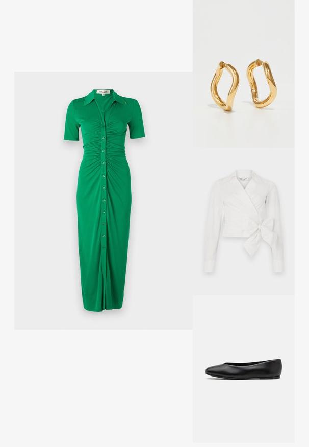 Vihreä nappimekko lyhyillä hihoilla, jossa on rypistyneet sivut, kaulus ja suora leikkaus. Valmistettu pehmeästä, joustavasta kankaasta.; Valkoinen kietaisuoplus, jossa on pitkät hihat, kaulus ja etuosan solmukohta. Valmistettu sileästä kankaasta, jossa on hieman jämäkkä muotoilu.; Paul Smith TOPANGA - Ballerinat - black; Kullanışlı ve pürüzsüz bir dokuya sahip, kıvrımlı ve düzensiz bir şekle sahip altın rengi halka küpeler. Görünür donanım veya aksan yok.