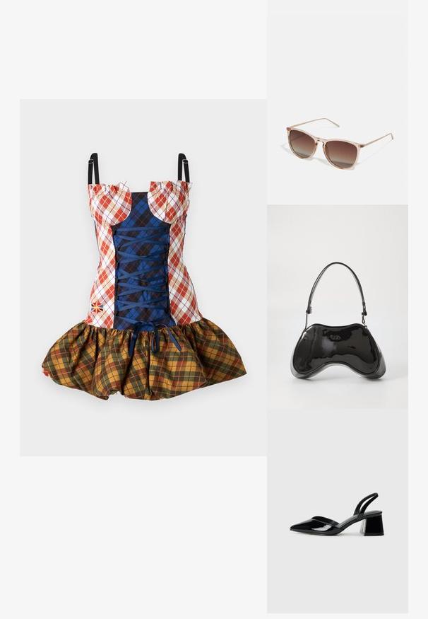 Kockovaná šaty s červenými, modrými a žltými vzormi, elastickým a nariaseným sukňou, a šnurovaním vpredu s nastaviteľnými ramienkami.; Čierne lakované kožené sandálové podpätky s špicatou špičkou a geometrickým blokovým podpätkom. Disponujú elegantným, minimalistickým dizajnom a hladkým povrchom.; Hnedé slnečné okuliare s prechodovým efektom a priehľadným ružovým rámom, štvorcového tvaru a tenkými kovovými ramenami. Obsahujú zaoblené okraje a minimálne detaily.; Čierna lakovaná kožená kabelka s jedinečným zakriveným tvarom, krátkym nastaviteľným popruhom a zipsom na vrchu. Hladká textúra s jemným brandingom.
