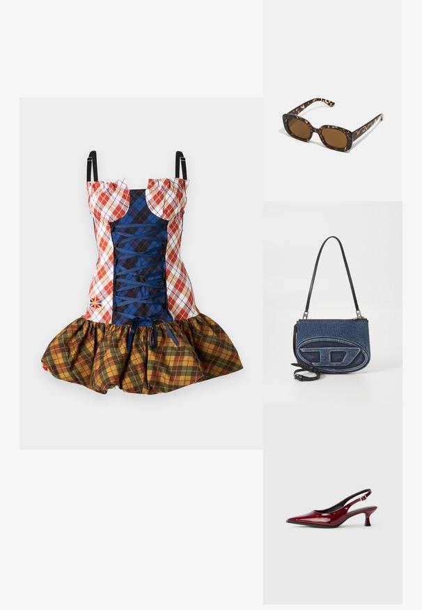 Rochie cu carouri, având modele roșii, albastre și galbene, fustă elastică și pliată cu volane și cuirci la față cu bretele ajustabile.; Sandale cu toc din piele patent burgundy, cu vârful ascuțit și toc stiletto elegant. Design cu spatele deschis și detaliu cu curea pentru gleznă ajustabilă.; Ochelari de soare cu chelă de broască țestoasă, având un cadru rotund și voluminos, cu lentile maro. Prezintă modele subtile și brațe drepte, conice.; Geantă crossbody din denim cu un maner din piele neagră, design oval al logo-ului pe față și închidere cu fermoar în partea de sus. Finisaj texturat.