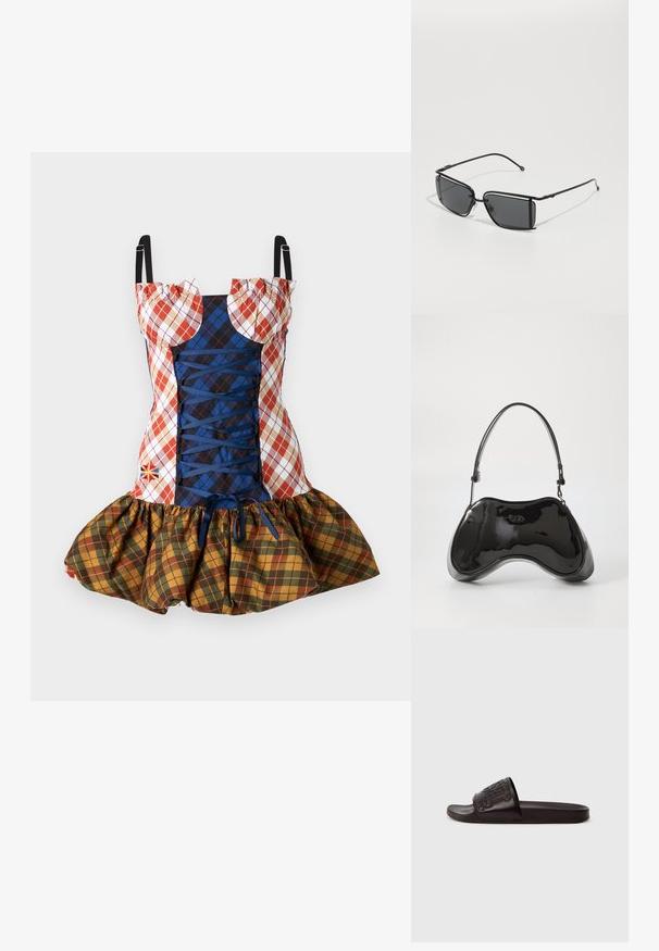 Kostkované šaty s červenými, modrými a žlutými vzory, elastickým a nařaseným sukní a šněrováním vpředu s nastavitelnými ramínky.; Černé skluzné sandály s texturovaným svrškem s embosovaným designem, plochou podrážkou a hladkým povrchem. Vyrobeno ze syntetických materiálů.; Černé obdélníkové sluneční brýle s tenkým kovovým rámem a tmavými skleněnými čočkami. Vyznačují se minimalistickým designem a štíhlými nožičkami.; Černá lakovaná kožená kabelka s unikátním zakřiveným tvarem, krátkým nastavitelným uchem a zipovým uzávěrem. Hladký povrch s jemným brandingem.
