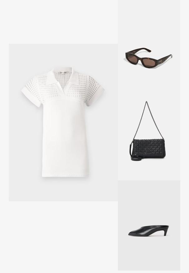 Polo branco de manga curta, com uma parte superior texturizada e uma parte inferior suave. Projetado com um colarinho clássico e decote em V.; Mules de couro preto com bico afunilado, salto baixo e textura suave. Design minimalista sem hardware ou padrões visíveis.; Óculos de sol em padrão tartaruga castanha, com formato retangular, lentes castanhas escuras e a marca "vogue" em dourado nas hastes.; Bolsa de couro preta acolchoada com uma alça de corrente, apresentando detalhe de caveiras e fecho em zíper. Superfície texturizada com um acabamento brilhante.; Anéis de resina clara e âmbar, um liso e transparente, o outro com um acabamento texturizado em âmbar. Ambos apresentam designs arredondados e robustos.