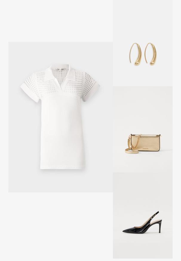 Polo branco de manga curta, com uma parte superior texturizada e uma parte inferior suave. Projetado com um colarinho clássico e decote em V.; Sandal com salto em verniz preto, bico fino, salto esguio e um design de recorte subtil. Apresenta uma fivela dourada na alça.; Clutch de couro dourado metálico com um acabamento texturizado, apresentando uma alça de corrente dourada e uma alça de ombro removível. Logotipo da marca em relevo.; Brincos em metal dourado com forma de arco alongado e curvado. Apresentam uma superfície lisa e brilhante, com uma ponta arredondada para um detalhe adicional.