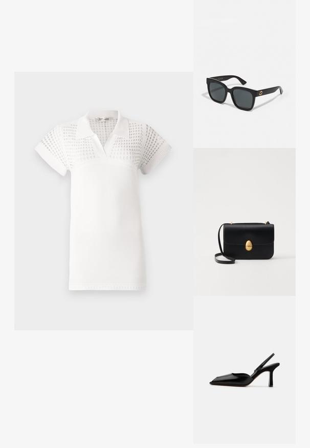 Balta polo marškiniais su trumpomis rankovėmis, turinčiais tekstūruotą viršutinę dalį ir lygią apatinę dalį. Sukurta su klasikine apykakle ir V formos iškirpte.; Juodas odinis slingback kulnas su smailiu nosiu, minimalizmo stilius, plonas kulkšnies dirželis ir elegantiškas stiletto kulnas. Lygus paviršius.; Juodos saulės akinių rėmeliai su stačiakampiais objektyvais, pasižymintys blizgiu paviršiumi ir auksinėmis logotipo detalėmis šventyklose. Tamsiai pilki objektyvai suteikia UV apsaugą.; Juodas odinis rankinukas su struktūrine stačiakampio forma. Yra auksinė ovali sagtis ir plona petneša. Glotni tekstūra.