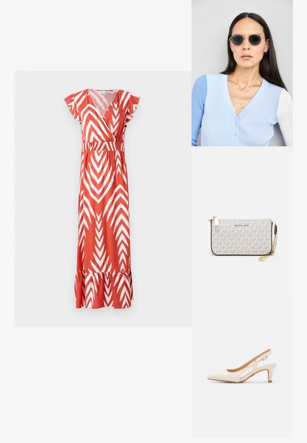 Punane kleit valge zick-zack mustriga, lühikeste hõljuvate varrukatega, elastse vöökohaga ja ruffles äärtega. Valmistatud kergest kangast, põlvikuni pikk.; Valge slingback konts, terava ninaga, siledast ülemisest materjalist, madala ploki kontsaga ja külgse nähtavusega ning reguleeritava pandla rihmaga.; Ringikujulised prillid tumedate läätsede ja kullast raamiga. Mudel on selga pannud helesinise soonikuga kardigani, millel on nupud ja kontrastsed valged varrukad.; Michael Korsi randmevõru beige kaetud kangast, millel on korduv MK logo muster, kuldne riistvara ja eemaldatav ahelistrap.