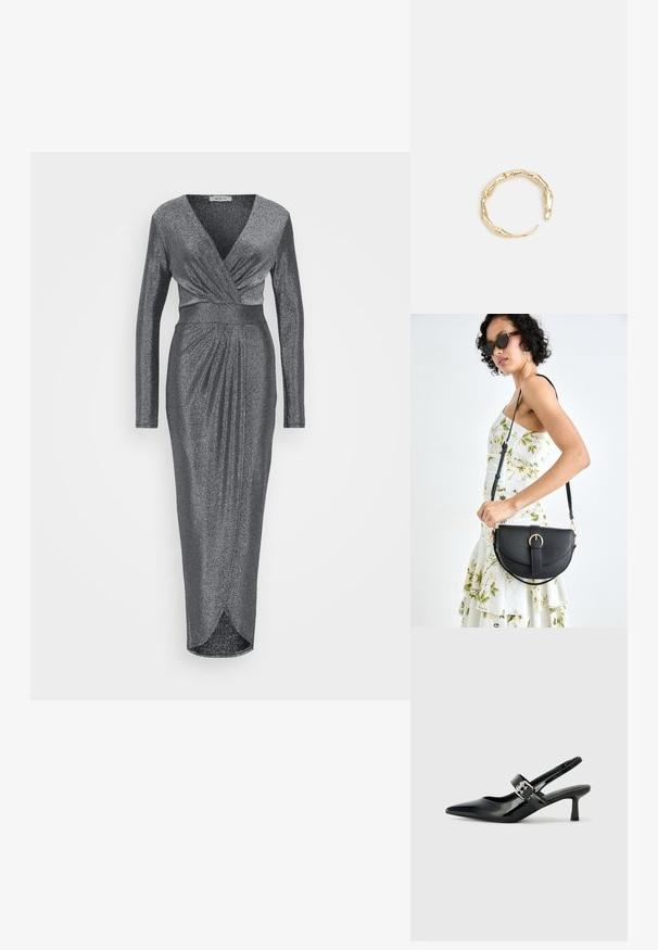 WAL G TALL LOLA GLITTER WRAP DRESS - Proginė apranga - silver; Juodai lakuoti slingback aukštakulniai su smailiu kojų pirštu ir mažais blokiniais kulniukais, su sidabro sagtimi ant dirželio.; Juodas odinis krepšys su išlenkta forma, nuimamu dirželiu ir auksiniais detalėmis. Krepšys turi kilpą su sagtimi.; Auksinės spalvos žiedas, turintis organišką, sukimosi dizainą su lygiu paviršiumi ir siaurėjančiais galais, sukuriantis modernią skulptūrinę išvaizdą.