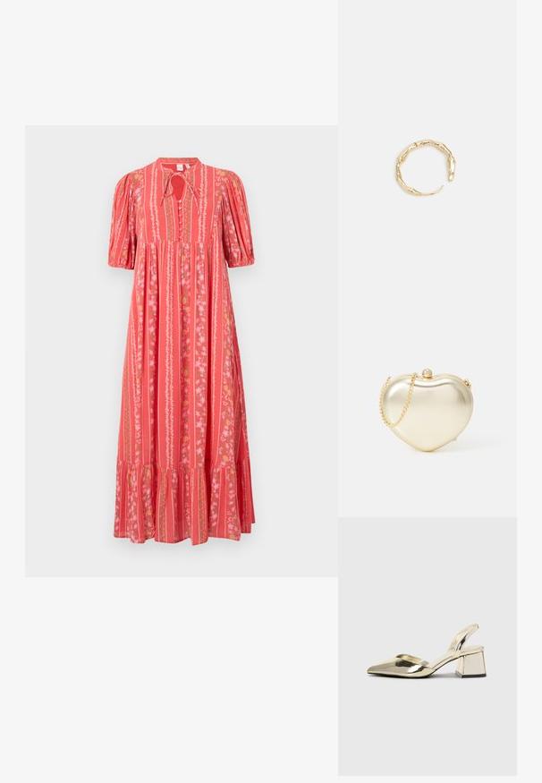 Korallkrāsas maksi kleita ar vertikālām svītrām, īsām pūkainām piedurknēm, kakla sasienamu detaļu un ziedu rakstiem. Iezīmē flared volānu apakšmalu un pogu akcentus.; Zeltaini, metāla kurpes ar siksniņām, norakans purngalis un masīla papēdis. Gluda tekstūra, minimālisma dizains un šaura siksna.; Zelta metāla sirds formas maciņš ar ķēdes siksnu un pērļu aizdari. Gluda tekstūra, kompakta dizaina, lai ērti ievietotu mazās nepieciešamības.; Zelta toņa gredzens ar organisku, vērptu dizainu, gludu virsmu un sašaurinātiem galiem, radot mūsdienīgu, skulpturālu izskatu.