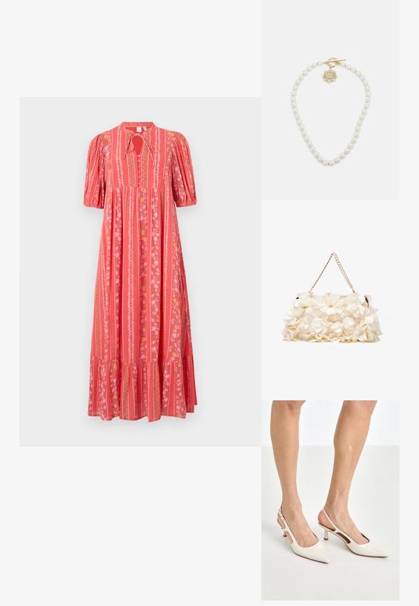 Koralo spalvos maxi suknelė su vertikaliomis juostelėmis, trumpomis pūstomis rankovėmis, kaklo juostele ir gėlėmis. Turėti išplatėjusį raukinį apatinėje dalyje ir mygtukų detales.; Šviesiai pilkos, lakuotos odos slingback aukštakulniai su smailiu noseliu ir 5 cm kulnu, su išpjovomis šonuose ir plona kulkšnies juostele.; Balta gėlių rankinė su susiraukšlėjusia audinio paviršiumi, auksinės spalvos grandinėlės dirželiu ir metaliniu uždarymu. Papuošta tekstūruotomis žiedlapėmis, pridėjančiomis detalių.; Lauren Ralph Lauren COLLAR - Grandinėlė - gold-coloured/white