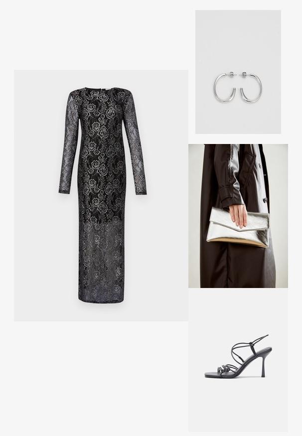 Duga crna čipkasta haljina s dugim rukavima, ukrašena cvjetnim uzorcima i poluprozirnom teksturom. Elegantnog kroja koji doseže do tla.; Crne sandale na visokoj potpetici imaju tanke trake s čvorastim dizajnom, glatki kvadratni vrh i elegantnu stiletto petu.; Srebrna metalik torbica s kutijastim dizajnom, glatke teksture i kontrastne boje unutrašnjosti, držana u ruci koja nosi crni kaput.; Srebrne naušnice u obliku obruča sa glatkom, sjajnom površinom, zakrivljenog oblika i zatvaranjem na čep. Minimalistički dizajn s modernim završetkom.
