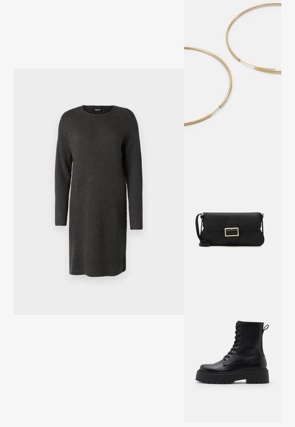 Pletené svetrkové šaty v tmavě šedé, s dlouhými rukávy, kulatým výstřihem a žebrovanou texturou, navržené pro volný střih.; Černé kožené kotníkové boty s kulatou špičkou, šněrováním na přední straně a silnou gumovou podešví s texturovaným vzorkem. S poutkem vzadu.; Černá kožená psaníčko s klopou a zlatým kovovým detailním sponou. Součástí je černý popruh a elegantní, minimalistický design.; Zlaté kruhové náušnice, tenké a kulaté, s hladkým kovovým povrchem a bez zdobení či vzorů.