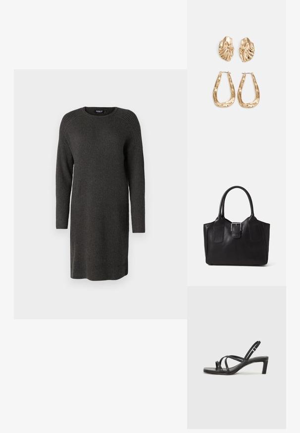 Sötét szürke kötött pulóverruha, hosszú ujjakkal, kerek nyakkivágással és bordázott felülettel, laza szabásban tervezve.; Fekete pántos szandál négyzetes orral és alacsony blokk sarkal. Több vékony pánttal és állítható boka pánttal rendelkezik. Sima bőrből készült.; Fekete bőr bevásárlótáska sima textúrával, strukturált formával, két fogantyúval és egy figyelemfelkeltő ezüst csattal az elején.; Aranyszínű fülbevalók, texturált, hullámos formákkal. Tartalmazza a szobrászati klipszes studokat és az open hoop kialakítást, kalapácsos felülettel.