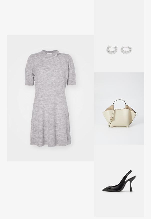 Világosszürke kötött ruha rövid ujjakkal, testéhez simuló felső résszel és bővülő szoknyával. Kerek nyakkivágással és puha textúrával rendelkezik, finom mintázattal.; Fekete bőr pántos cipő hegyes orral, karcsú magas sarkával és dekoratív masnival. Simaság és elegáns dizájn.; Ree Projects ANN - Kézitáska - beige; Ezüst karika fülbevalók, átlátszó, téglalap és háromszög alakú kristályokkal, mintás elrendezésben. Biztonságos rögzítést biztosító fülbevaló pálcikák.
