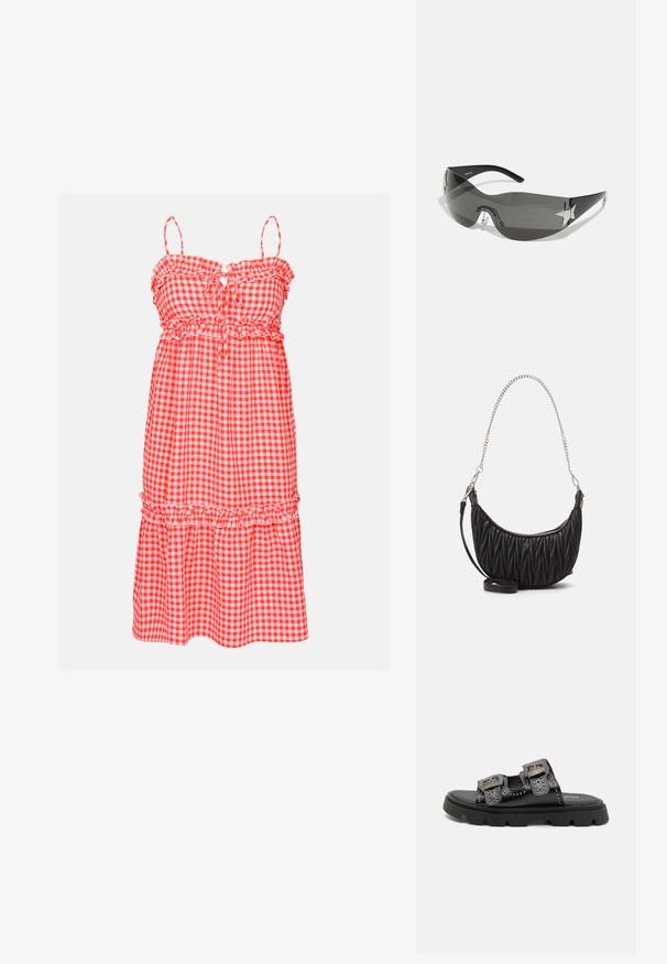 Červené a bílé kostkované šaty s volánovými ramínky, elastickým pasem a vrstvenou sukní. Obsahují detail v přední části ve tvaru klíčové dírky a jsou vyrobeny z lehké tkaniny.; Černé sandály s dvěma širokými pásky zdobenými cvočky a podrobnými sponami, umístěné na robustní texturované gumové podrážce.; Černé sluneční brýle s okrajem kolem celého obličeje, tmavými skleněmi, lesklými hvězdicovými akcenty a nastavovacími nosními polštářky.; Černá kabelka z umělé kůže s prošívanou texturou, zakřiveným tvarem, stříbrným řetízkem a malým logem na přední straně.