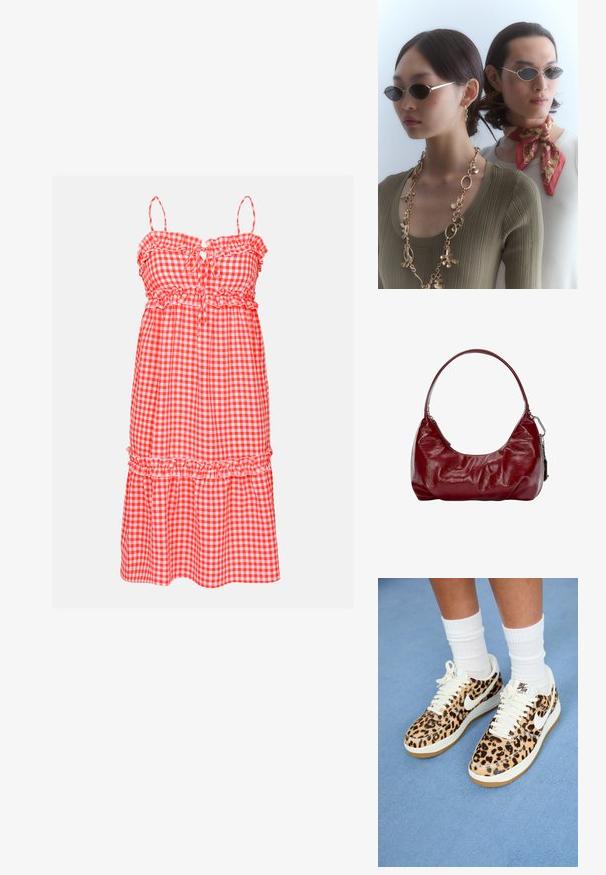 Rochie cu carouri roșii și albe, cu bretele volanate, talie elastică și fustă în straturi. Prezintă un detaliu la gât în formă de cheiță și un material ușor.; Adidași Nike Air Force 1 cu imprimeu de leopard, cu șireturi și swoosh albe, având o talpă din cauciuc bej și un material texturat. Sosete albe de tip crew vizibile.; Ochelari de soare rotunzi cu lentile închise și rame subțiri din argint. O persoană poartă un colier din lanț de aur, în timp ce cealaltă are o eșarfă cu un model roșu.; Geantă de umăr bordeaux, fabricată dintr-un material lucios, având o formă curbată și o textură plisată. Dispune de un mâner scurt și o închidere cu fermoar vizibil.
