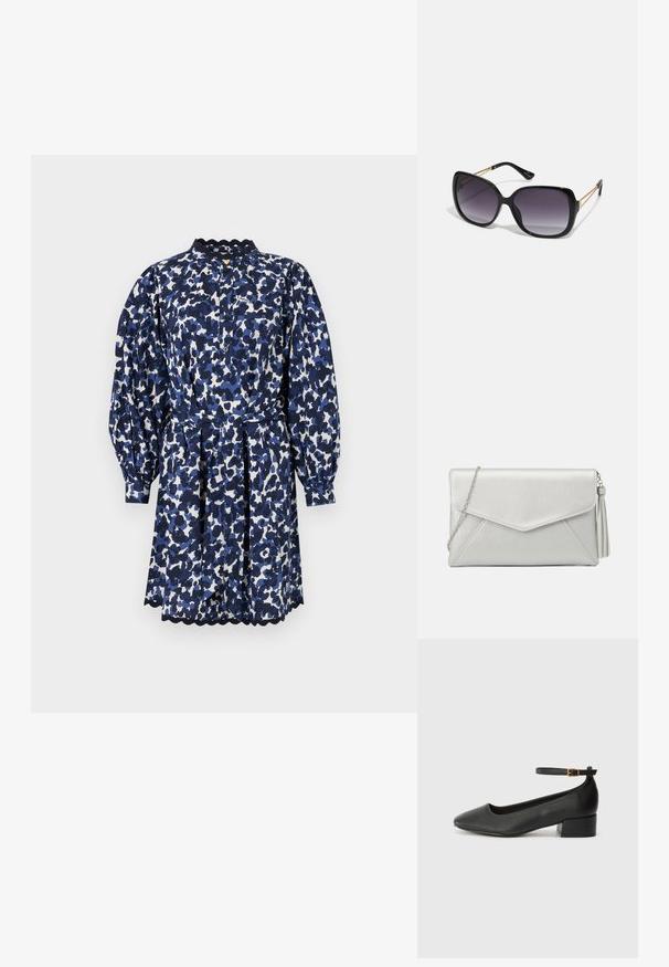 Rochie cu un model albastru și alb, cu guler înalt, mâneci bufante și tiv zimțat. Confecționată dintr-o țesătură ușoară, strânsă în talie.; Pantof cu toc negru din piele, cu vârf ascuțit și toc mic pătrat. Dispune de o curea la gleznă cu o cataramă în tonuri de aur. Textură netedă.; Ochelari de soare negri, supradimensionați, cu lentile degradate, rame groase și detalii cu lanț de ton auriu pe brațele templului.; Geantă plic din piele sintetică argintie cu un design tip plic, curea din lanț și un detaliu cu franjuri pe o parte, având cusături unghiulare.